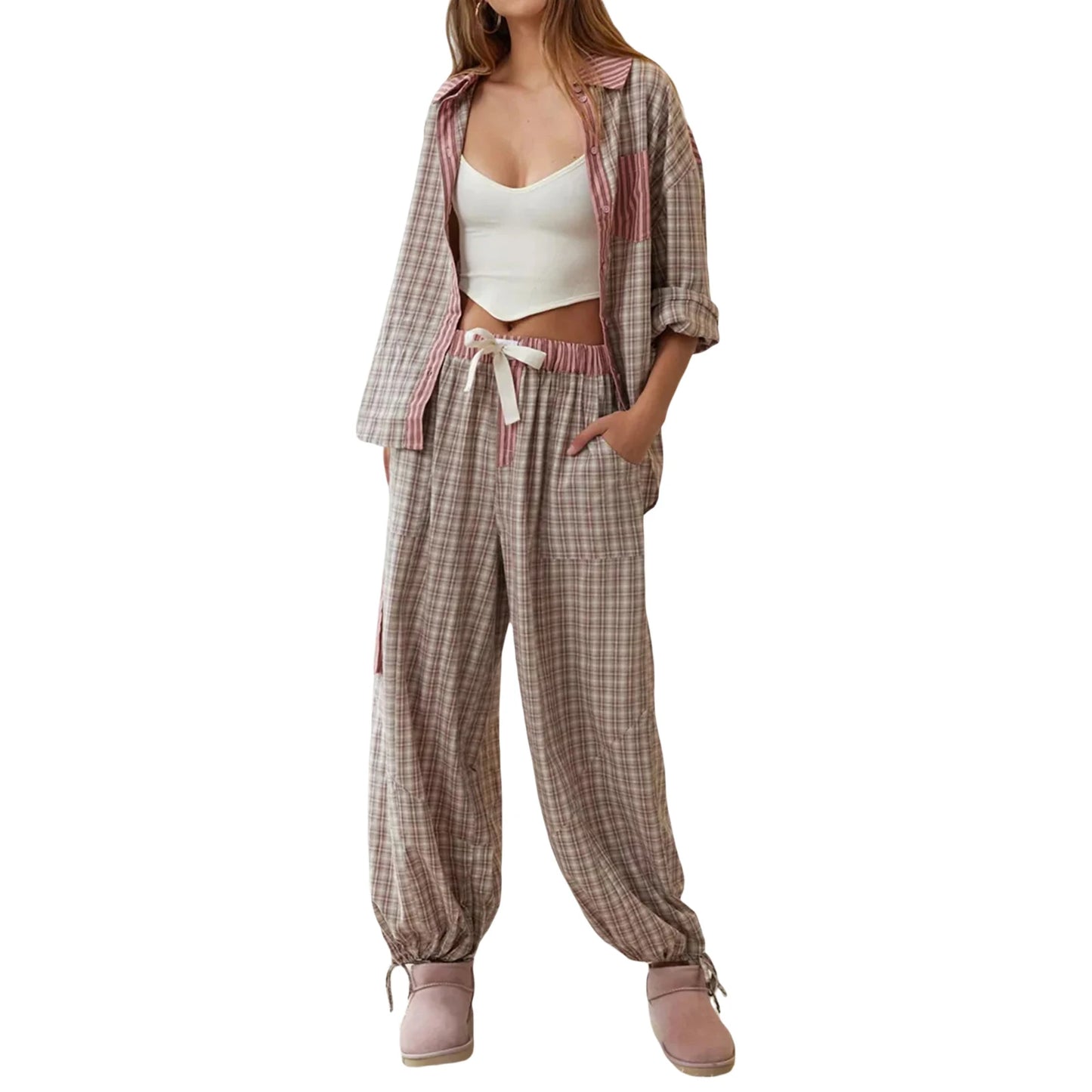 Loungewear - Plaid Loungewear Pajama Set Harem Pants & Shirt