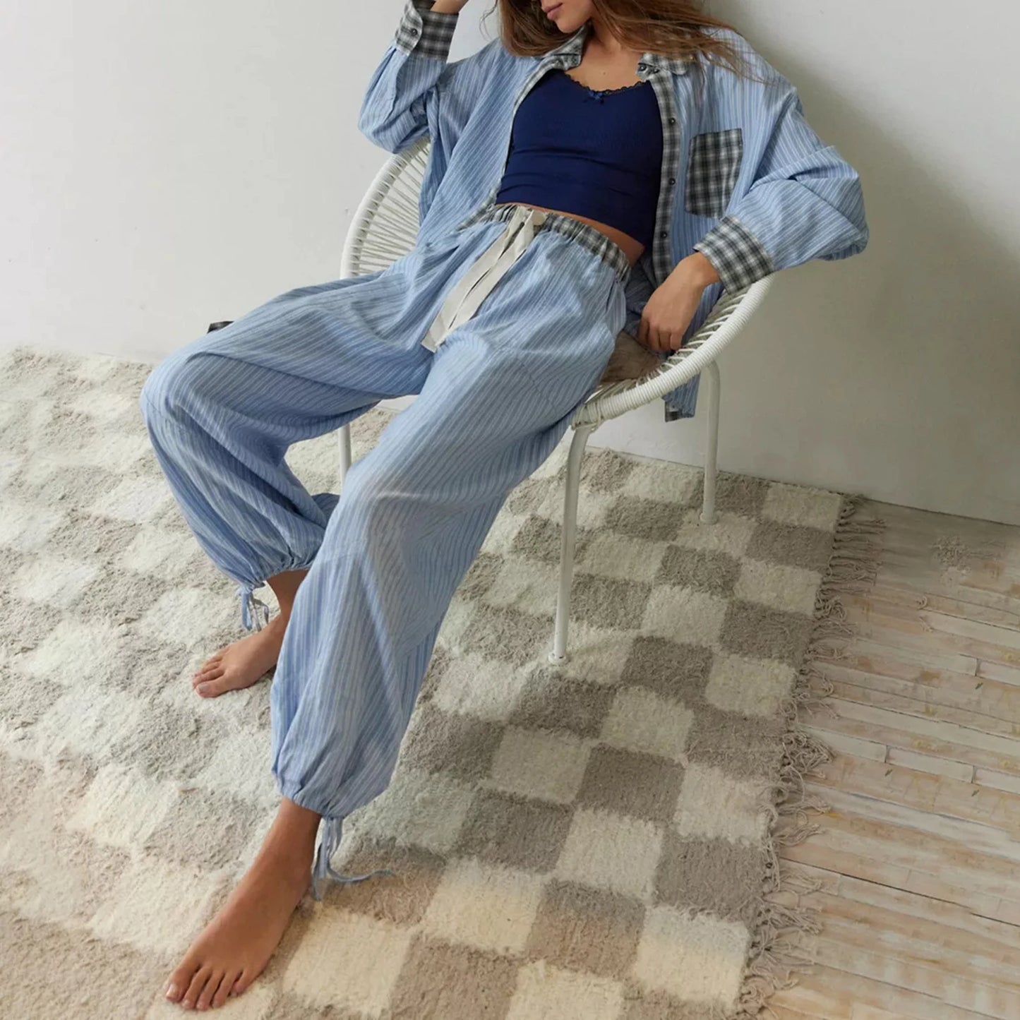 Loungewear - Plaid Loungewear Pajama Set Harem Pants & Shirt