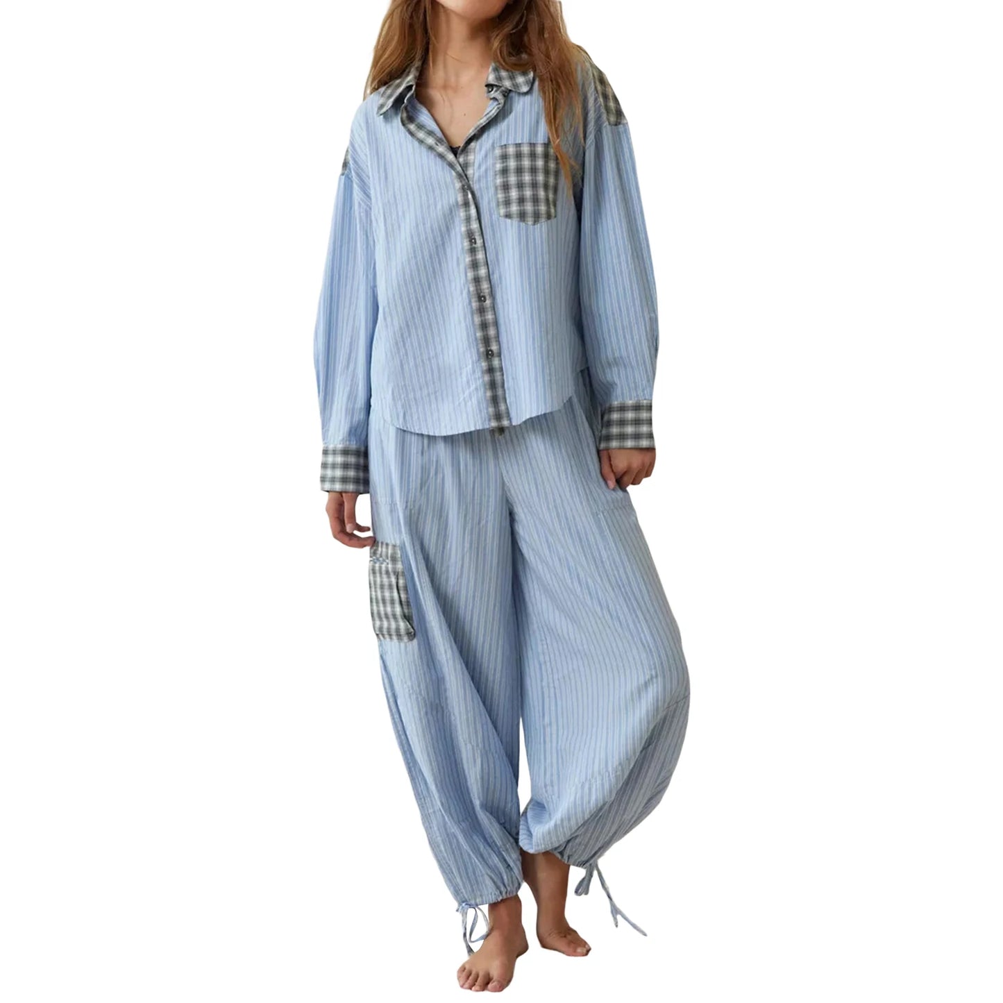 Loungewear - Plaid Loungewear Pajama Set Harem Pants & Shirt