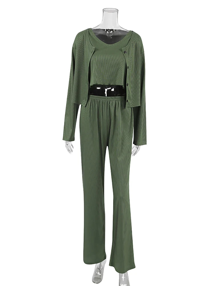 Loungewear - Rib-Knit Lounge 3-Piece Set with Cardigan Crop Top & Pants Ribbed