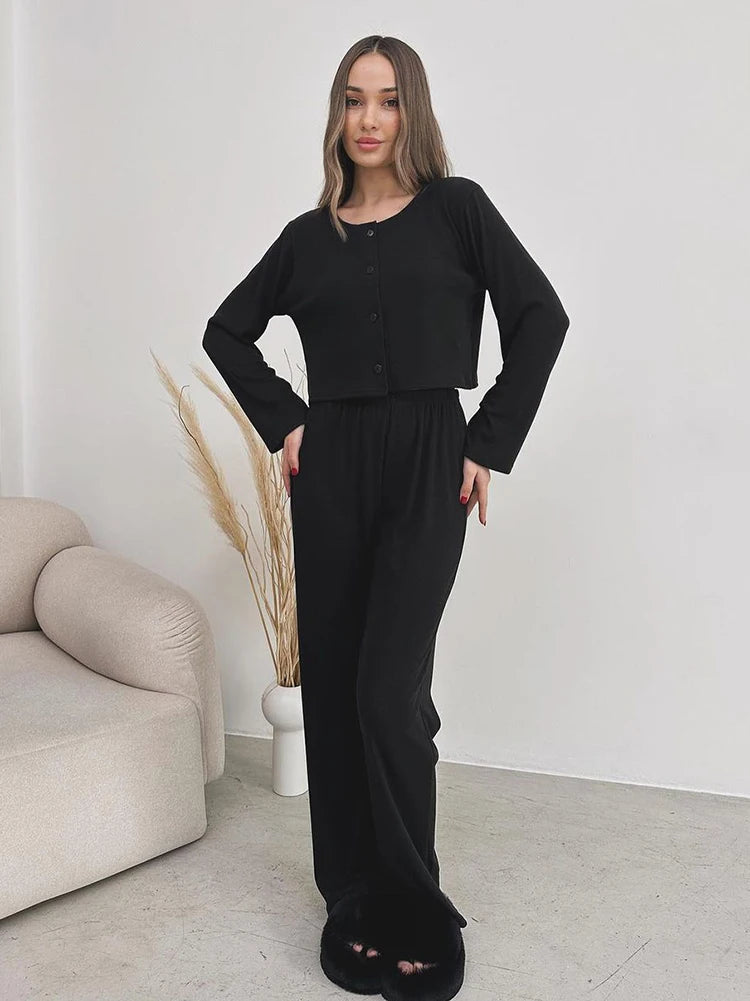 Loungewear - Rib-Knit Lounge 3-Piece Set with Cardigan Crop Top & Pants Ribbed