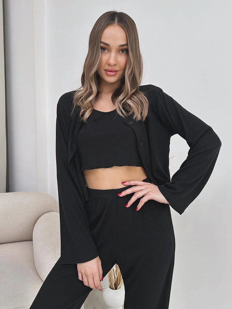 Loungewear - Rib-Knit Lounge 3-Piece Set with Cardigan Crop Top & Pants Ribbed