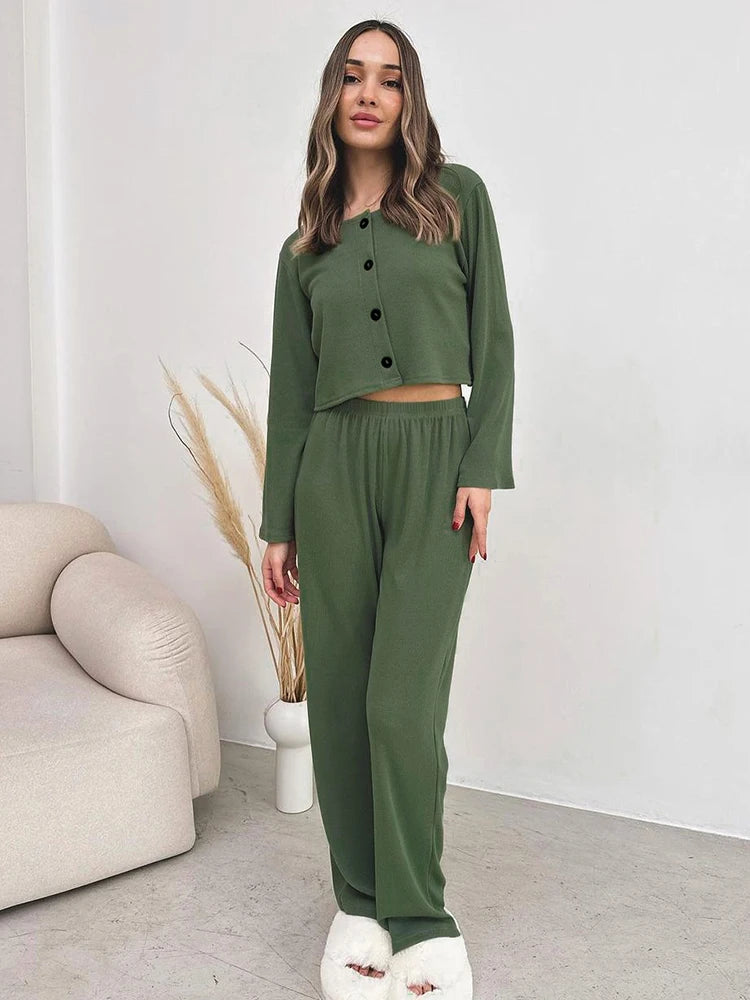 Loungewear - Rib-Knit Lounge 3-Piece Set with Cardigan Crop Top & Pants Ribbed