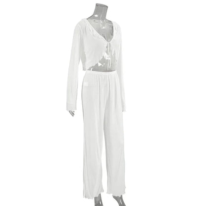 Loungewear - Soft Viscose Blend Loungewear in White Top and Pants Set