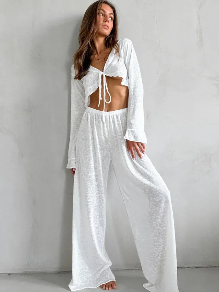 Loungewear - Soft Viscose Blend Loungewear in White Top and Pants Set