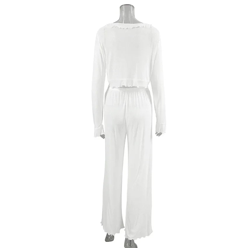 Loungewear - Soft Viscose Blend Loungewear in White Top and Pants Set