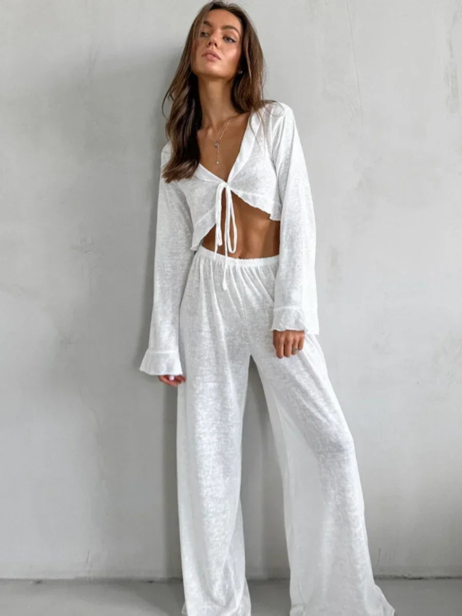 Loungewear - Soft Viscose Blend Loungewear in White Top and Pants Set