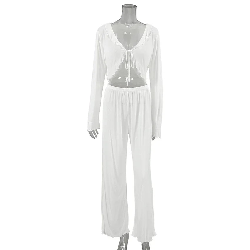 Loungewear - Soft Viscose Blend Loungewear in White Top and Pants Set