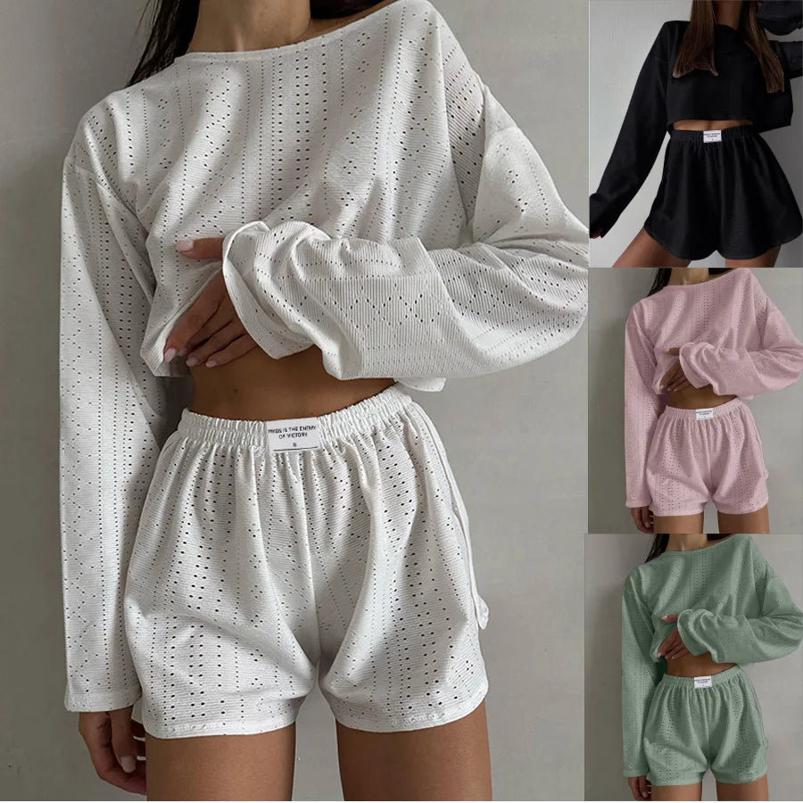 Loungewear- Spring & Summer Loungewear Eyelet Long Sleeve Top & Shorts- - Pekosa Women Fashion