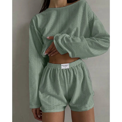 Loungewear- Spring & Summer Loungewear Eyelet Long Sleeve Top & Shorts- Green- Pekosa Women Fashion