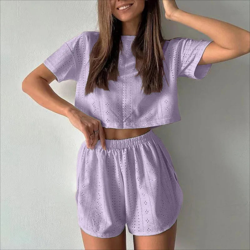 Loungewear- Spring & Summer Loungewear Eyelet Long Sleeve Top & Shorts- Purple 2- Pekosa Women Fashion