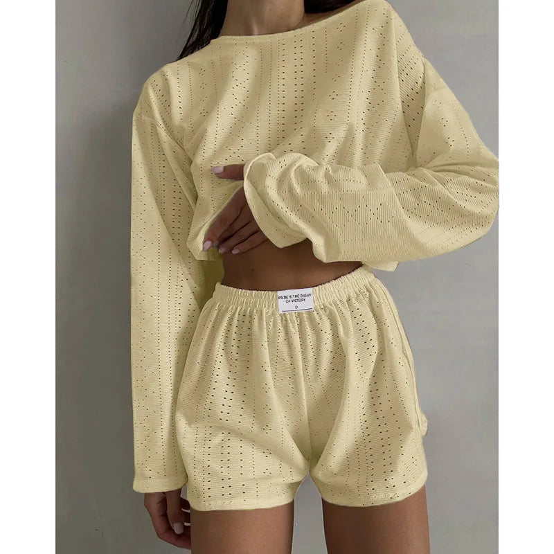 Loungewear- Spring & Summer Loungewear Eyelet Long Sleeve Top & Shorts- Yellow- Pekosa Women Fashion