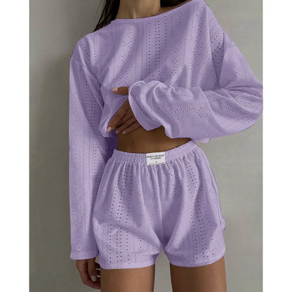 Loungewear- Spring & Summer Loungewear Eyelet Long Sleeve Top & Shorts- Purple- Pekosa Women Fashion