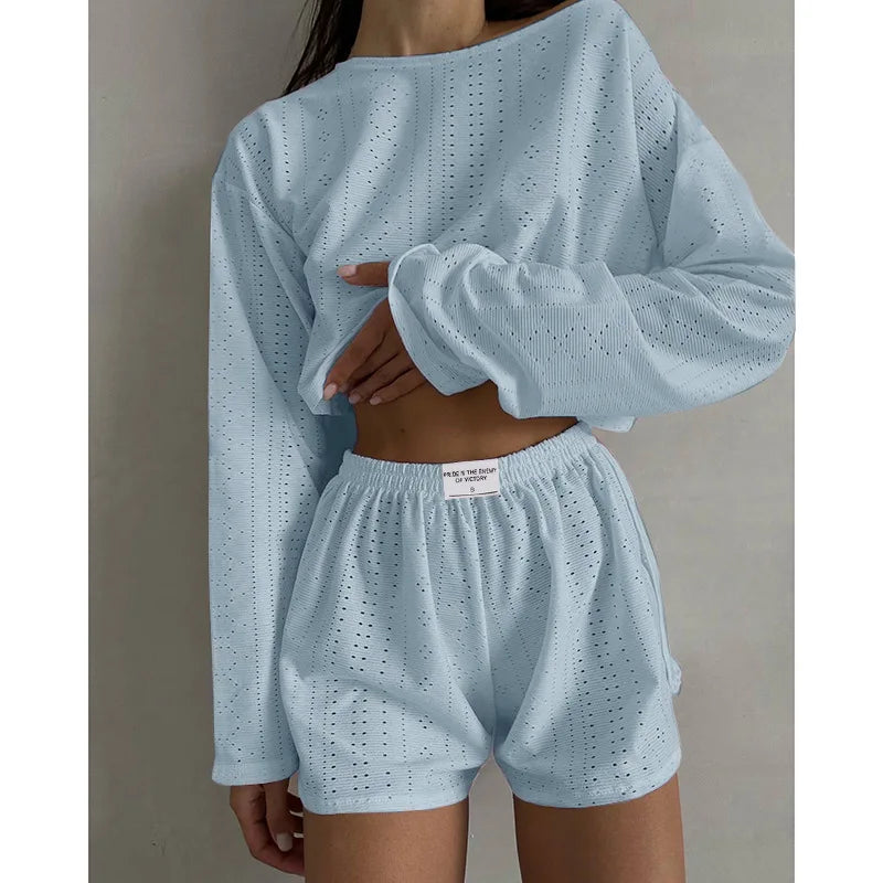 Loungewear- Spring & Summer Loungewear Eyelet Long Sleeve Top & Shorts- Light Blue- Pekosa Women Fashion