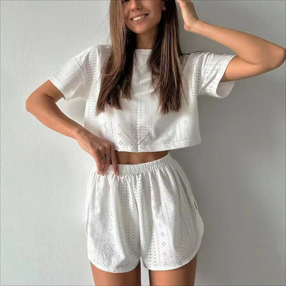 Loungewear- Spring & Summer Loungewear Eyelet Long Sleeve Top & Shorts- White 2- Pekosa Women Fashion