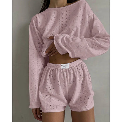 Loungewear- Spring & Summer Loungewear Eyelet Long Sleeve Top & Shorts- Pink- Pekosa Women Fashion