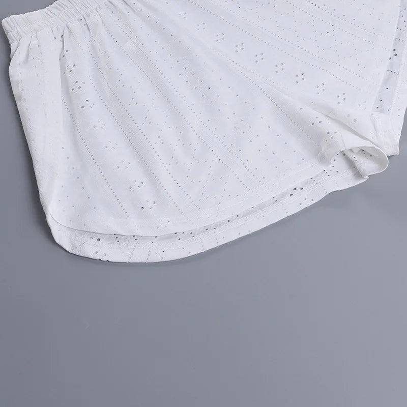 Loungewear- Spring & Summer Loungewear Eyelet Long Sleeve Top & Shorts- - Pekosa Women Fashion