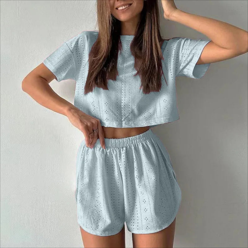 Loungewear- Spring & Summer Loungewear Eyelet Long Sleeve Top & Shorts- Light Blue 2- Pekosa Women Fashion