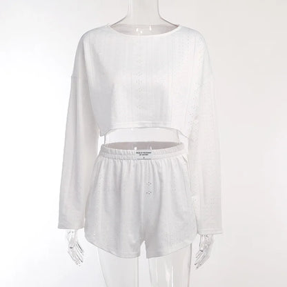 Loungewear- Spring & Summer Loungewear Eyelet Long Sleeve Top & Shorts- - Pekosa Women Fashion