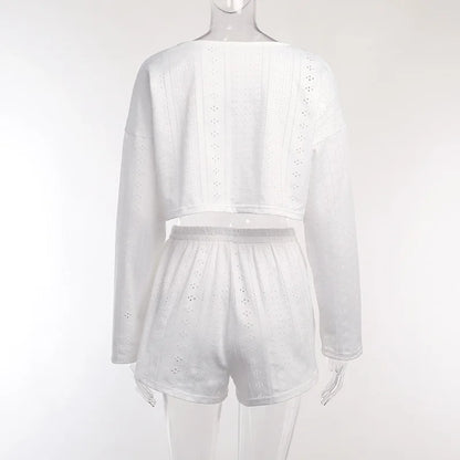 Loungewear- Spring & Summer Loungewear Eyelet Long Sleeve Top & Shorts- - Pekosa Women Fashion