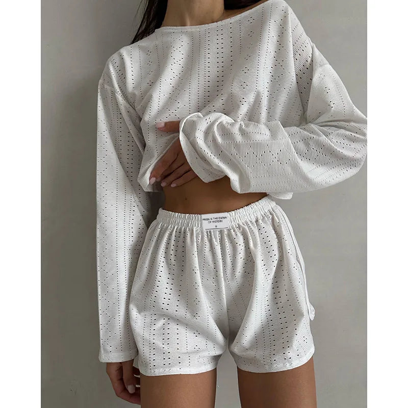 Loungewear- Spring & Summer Loungewear Eyelet Long Sleeve Top & Shorts- White- Pekosa Women Fashion