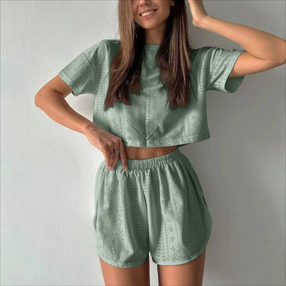 Loungewear- Spring & Summer Loungewear Eyelet Long Sleeve Top & Shorts- Green 2- Pekosa Women Fashion