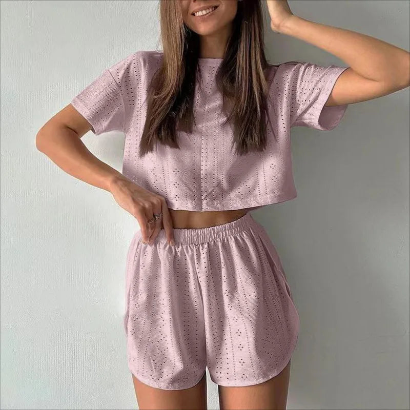 Loungewear- Spring & Summer Loungewear Eyelet Long Sleeve Top & Shorts- Pink 2- Pekosa Women Fashion