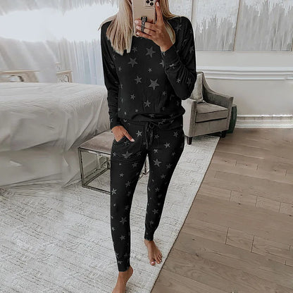 Loungewear- Starry Comfy Women's Casual Pajama Set for Home & Leisure- Black- Pekosa Women Fashion