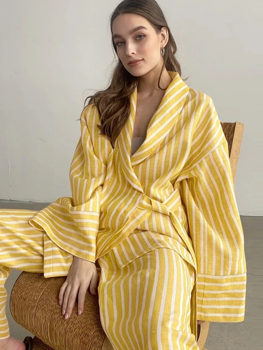 Loungewear - Striped Cotton Loungewear Set Robe Shirt and Pants