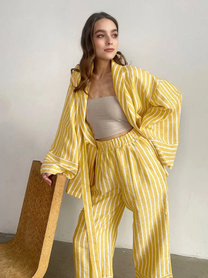 Loungewear - Striped Cotton Loungewear Set Robe Shirt and Pants