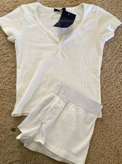 Loungewear- Women's Lounge Set with Striped Shorts and Tee Pajamas- White eyelet- Pekosa Women Fashion