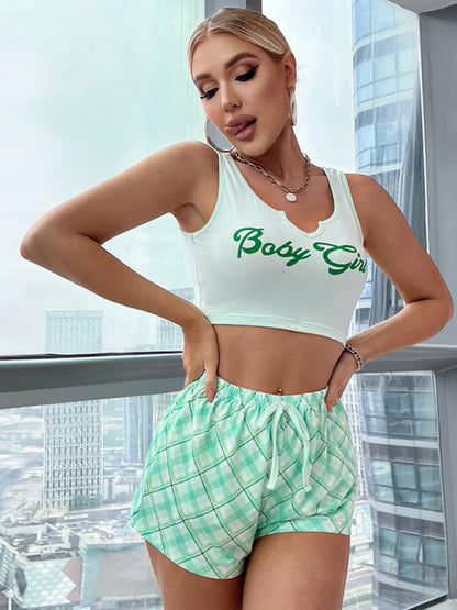 Loungewear- Summer Women's Plaid Pajamas 2 Piece Set - Tank Top & Shorts- Green- Pekosa Women Fashion