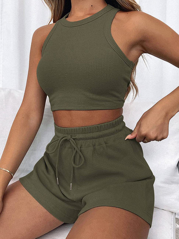 Loungewear- Summer Women's Textured Pajamas Set - Tank Top & Shorts Duo- Olive green- Pekosa Women Fashion