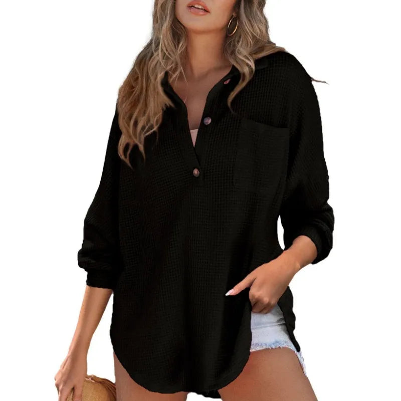 Loungewear Tops - Textured Waffle Oversized Blouse