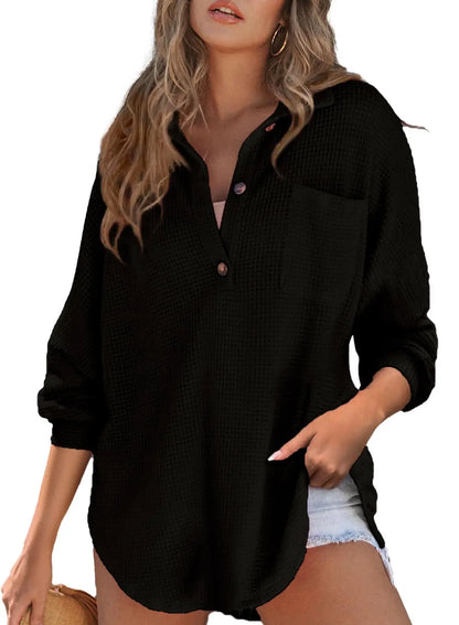 Loungewear Tops - Textured Waffle Oversized Blouse