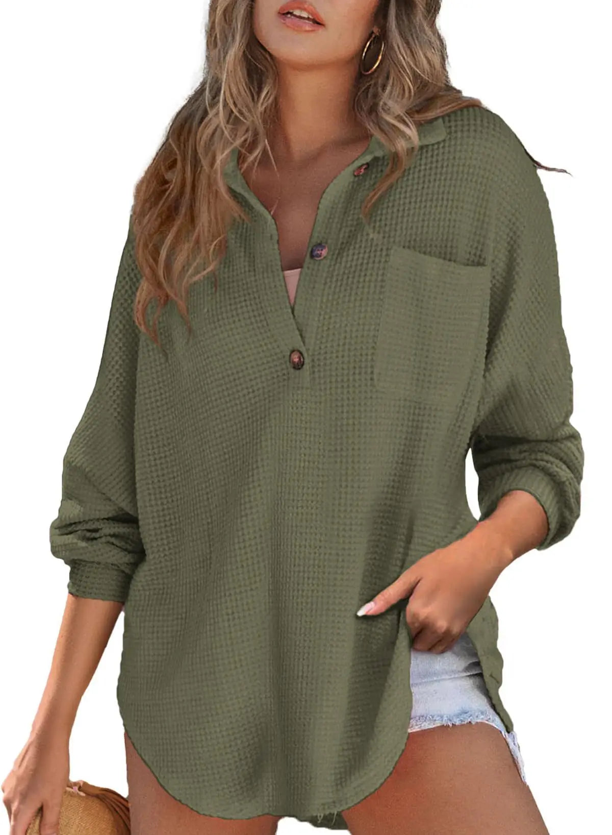 Loungewear Tops - Textured Waffle Oversized Blouse