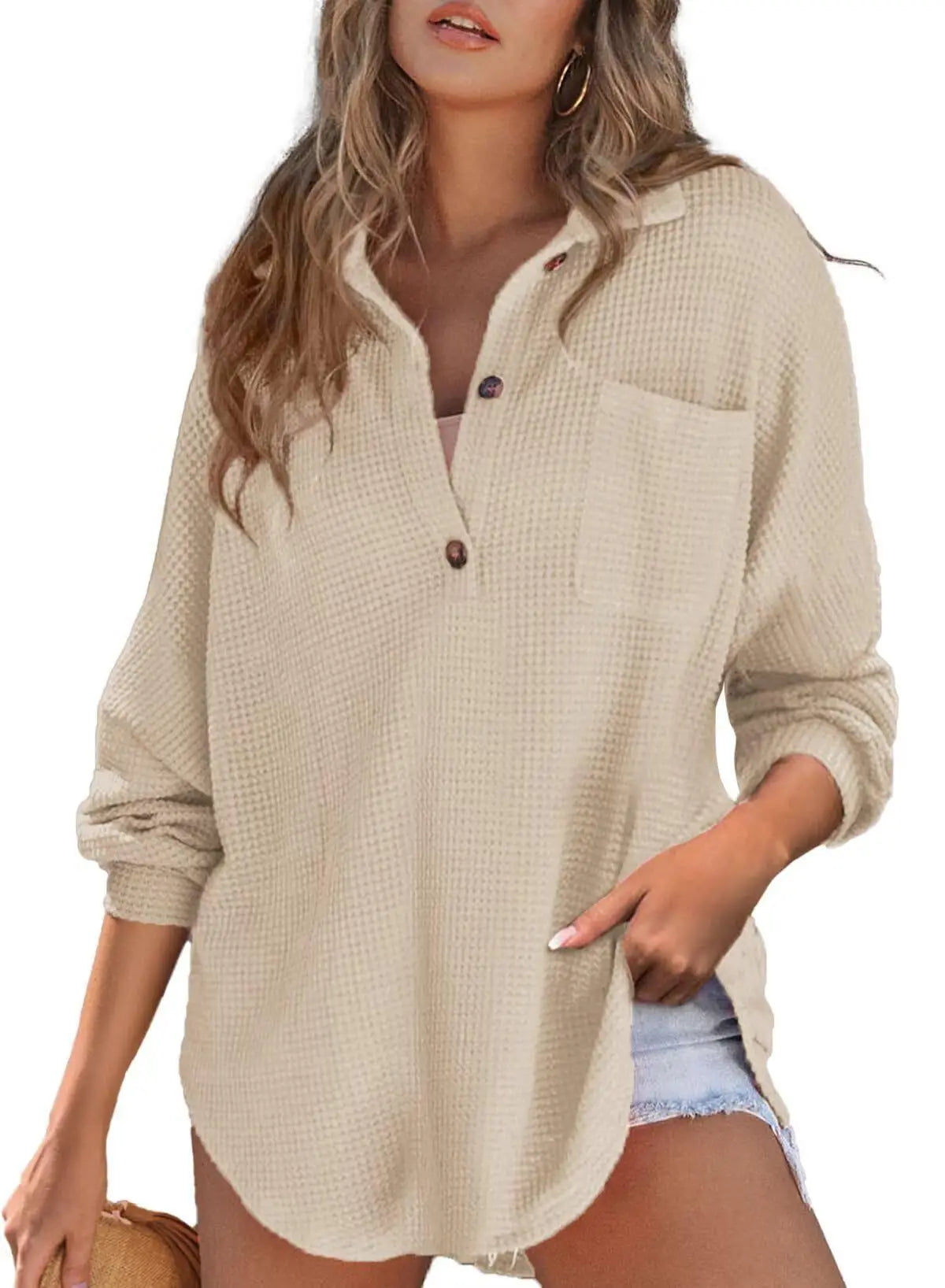 Loungewear Tops - Textured Waffle Oversized Blouse