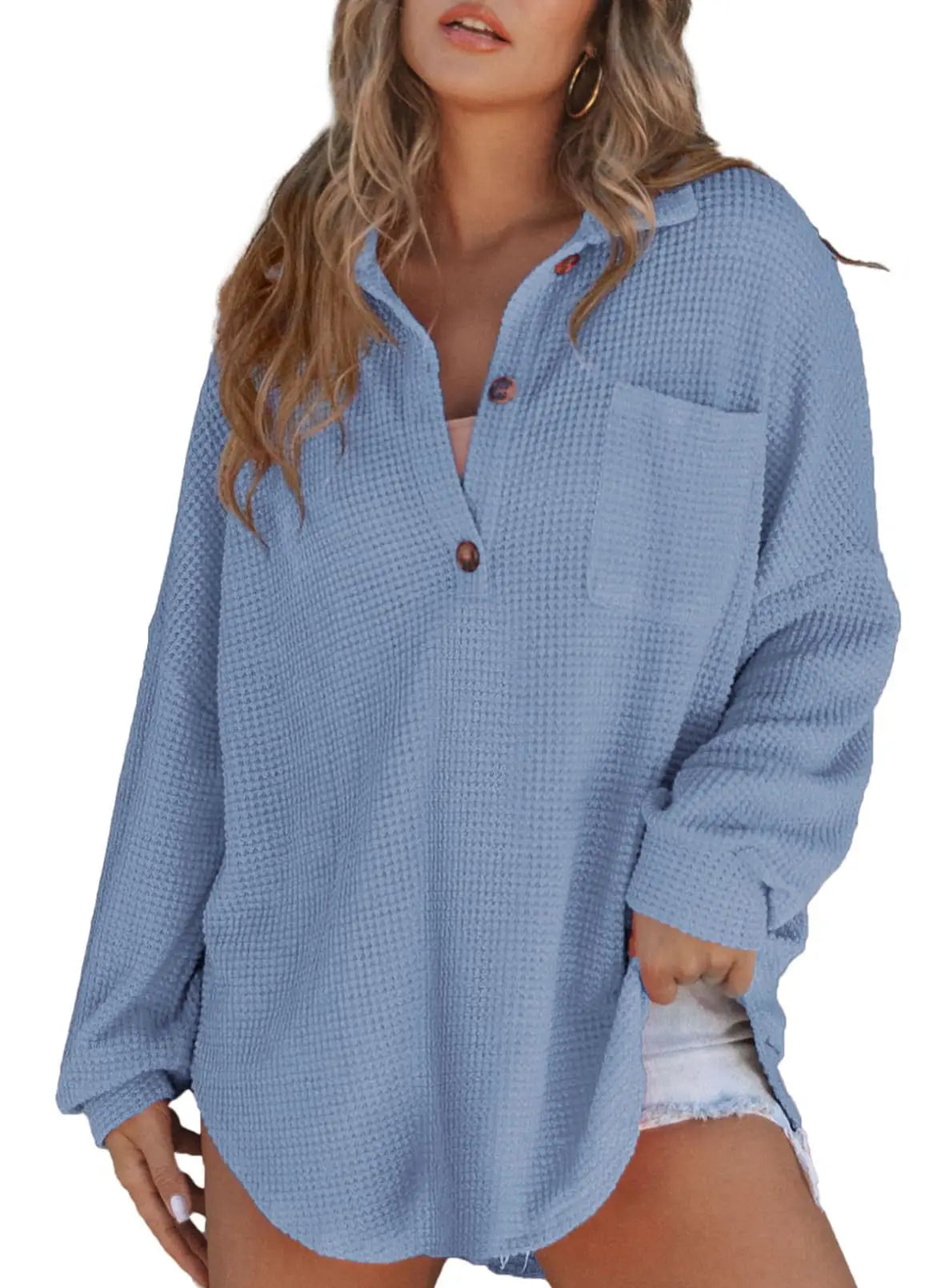 Loungewear Tops - Textured Waffle Oversized Blouse