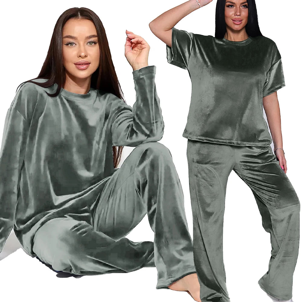 Loungewear - Velvet Loungewear 2 Piece Plus Size Set Pants & Top Pajamas