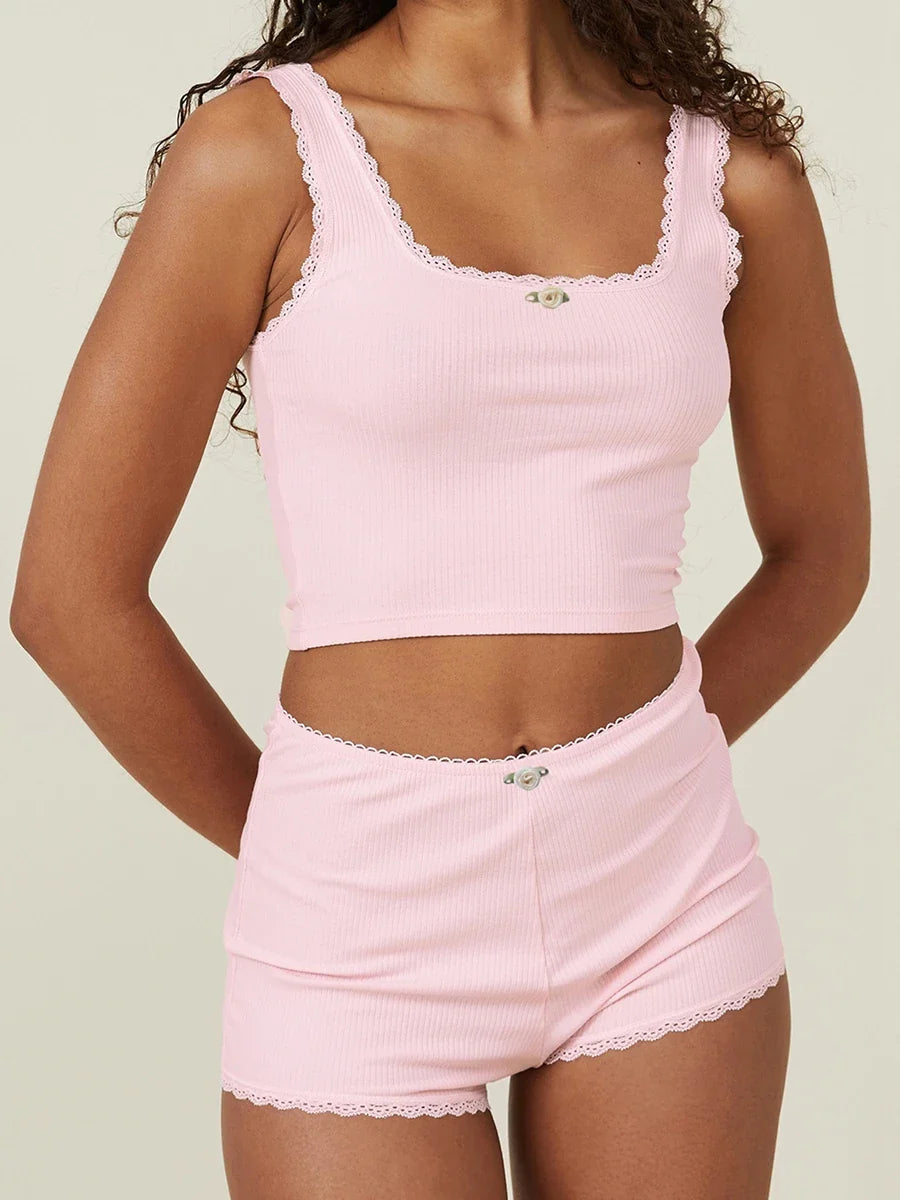 Loungewear- Women Loungewear Sleeveless Crop Top & Slim Shorts- Pink- Pekosa Women Fashion
