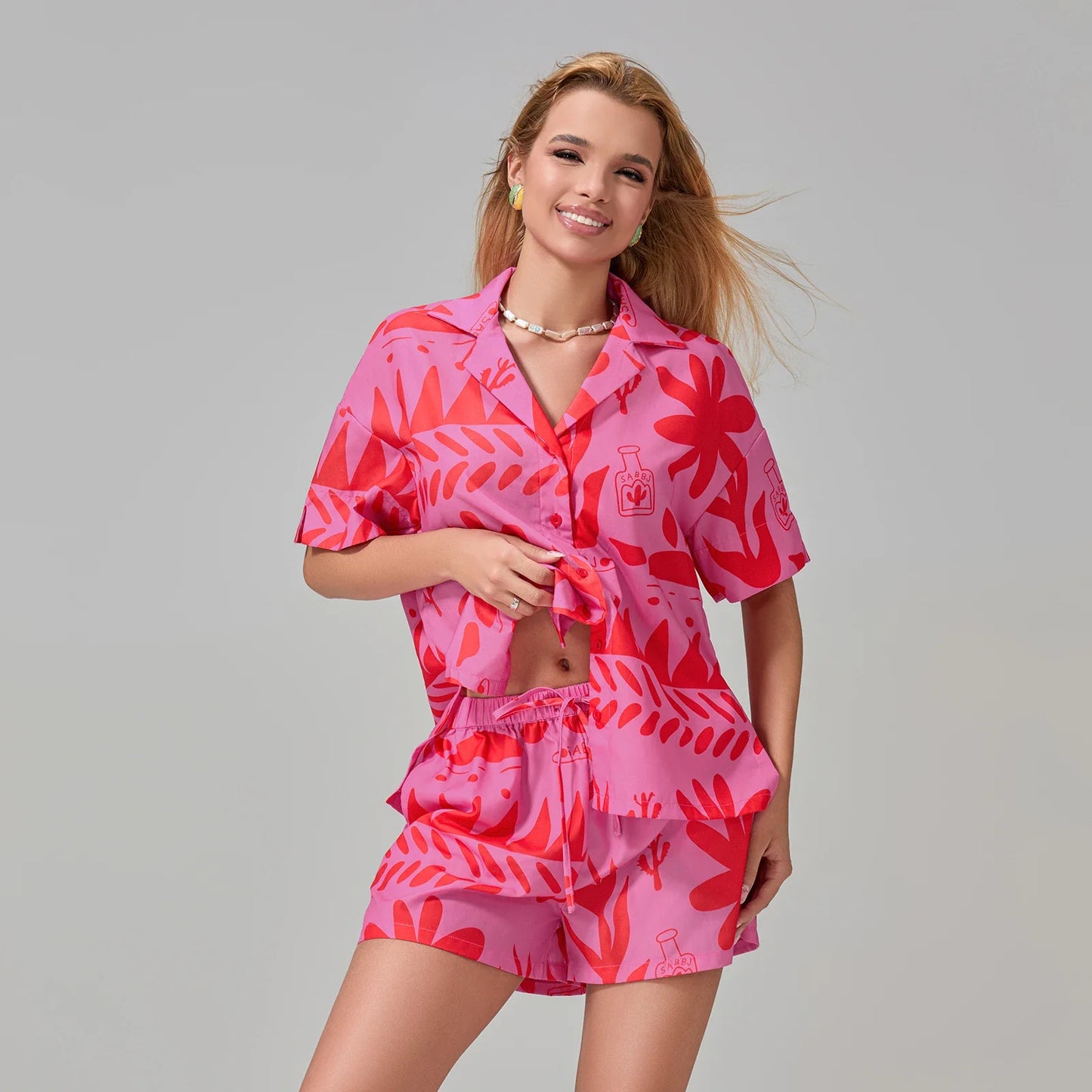 Loungewear- Women Tropical Pajama Set Shorts & Shirt Sleepwear Collection- - Chuzko Women Clothing