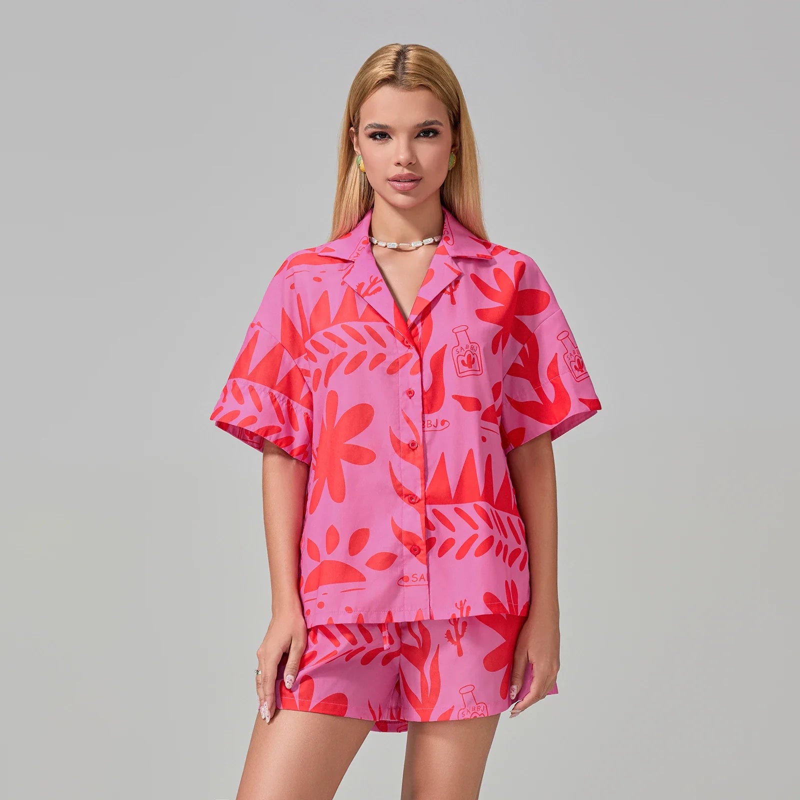 Loungewear- Women Tropical Pajama Set Shorts & Shirt Sleepwear Collection- - Chuzko Women Clothing