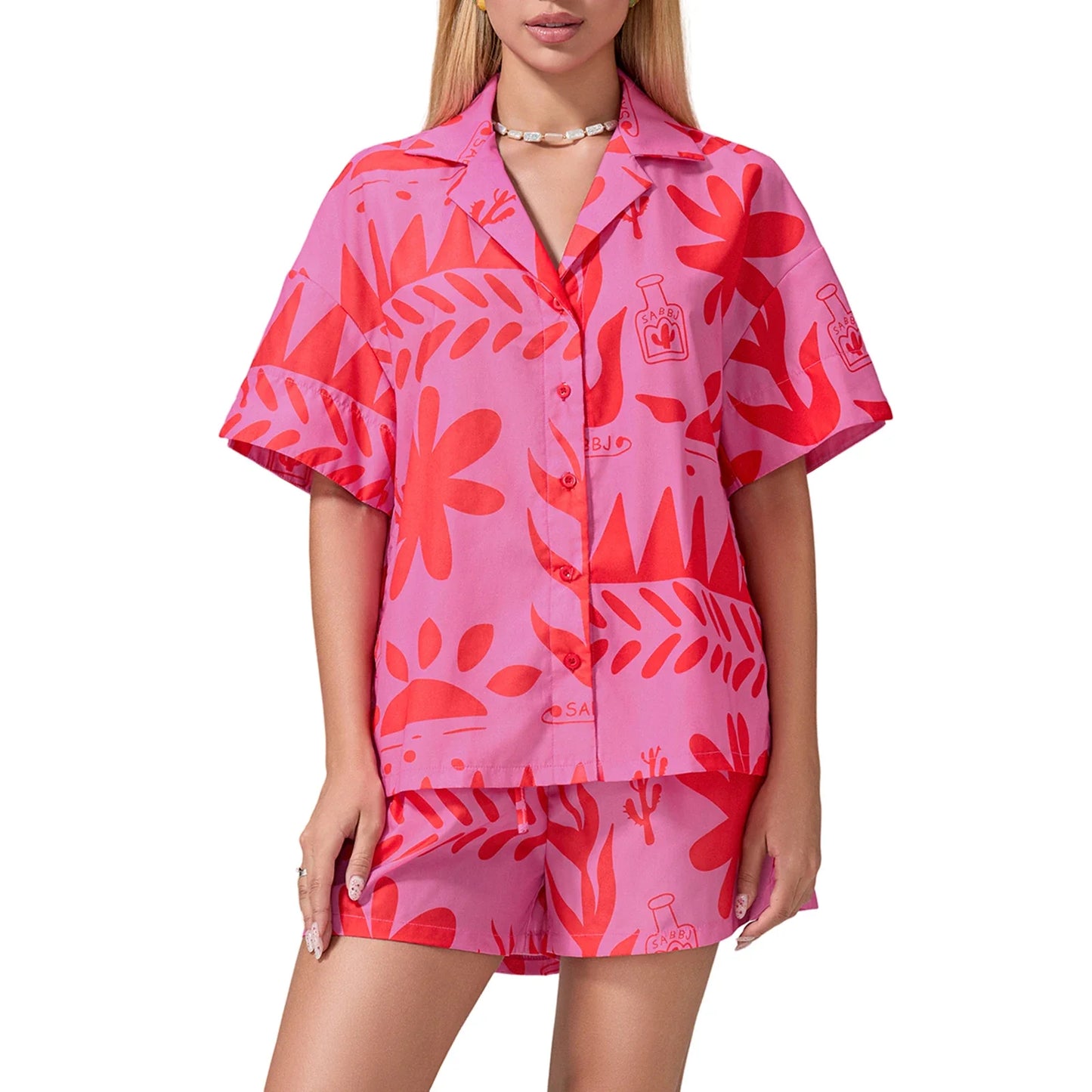 Loungewear- Women Tropical Pajama Set Shorts & Shirt Sleepwear Collection- Rose Red- Chuzko Women Clothing