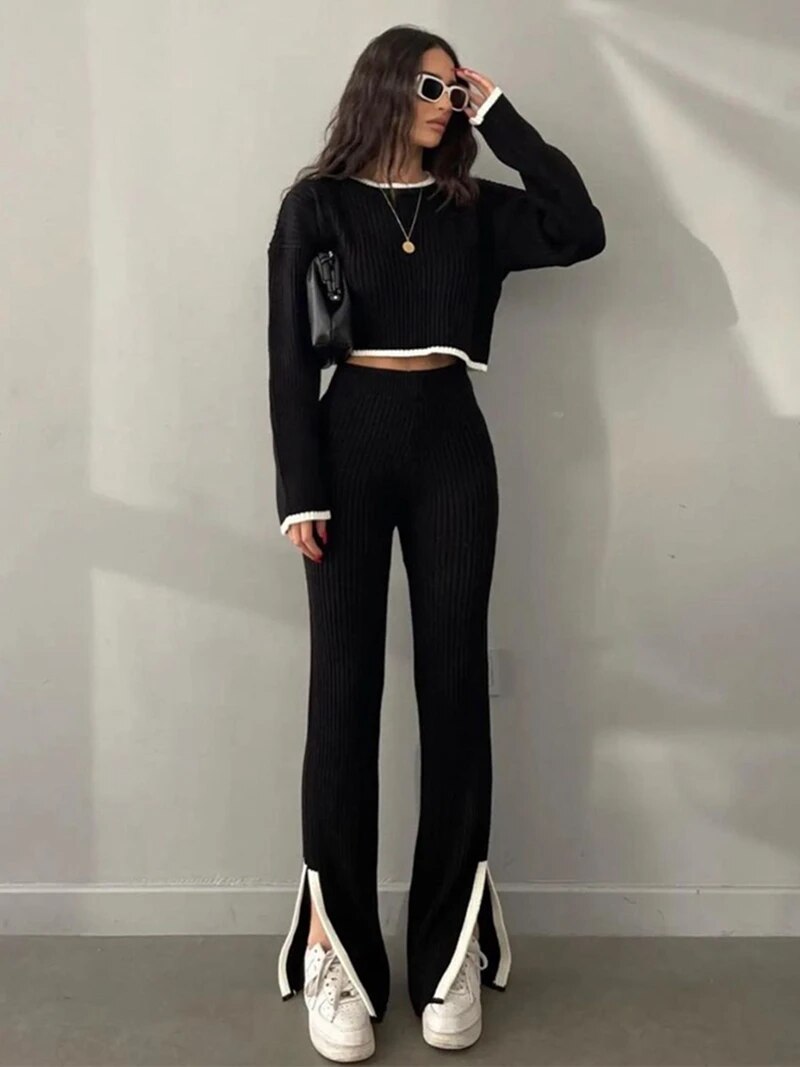 Matching Pants Set- Rib-Knit Outfit Contrast Binding Sweater and Split Ankle Pants- - Pekosa Women Clothing