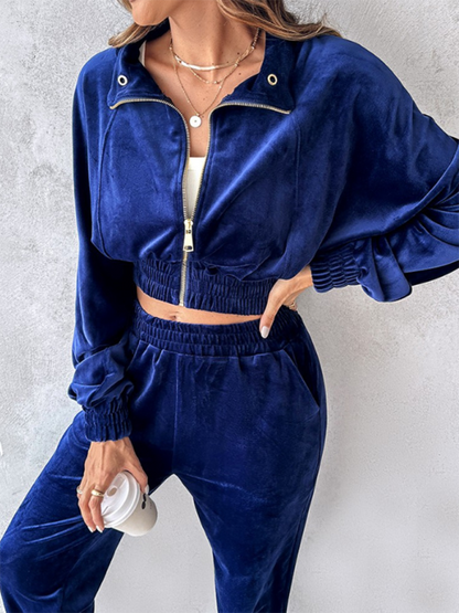 Matching Set Outfits - Comfy Velvet Tracksuit - Velour Jogger Pants & Crop Top