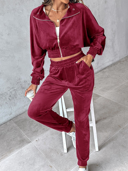 Matching Set Outfits - Comfy Velvet Tracksuit - Velour Jogger Pants & Crop Top