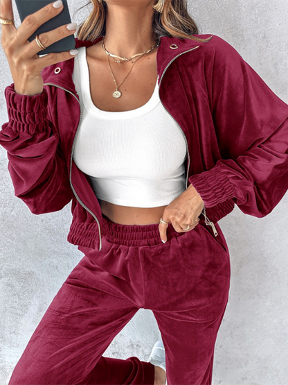 Matching Set Outfits - Comfy Velvet Tracksuit - Velour Jogger Pants & Crop Top