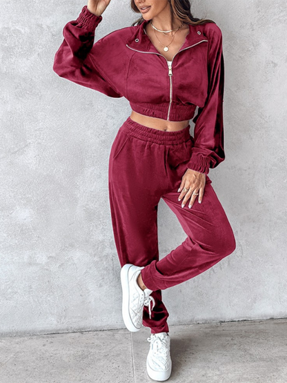 Matching Set Outfits - Comfy Velvet Tracksuit - Velour Jogger Pants & Crop Top