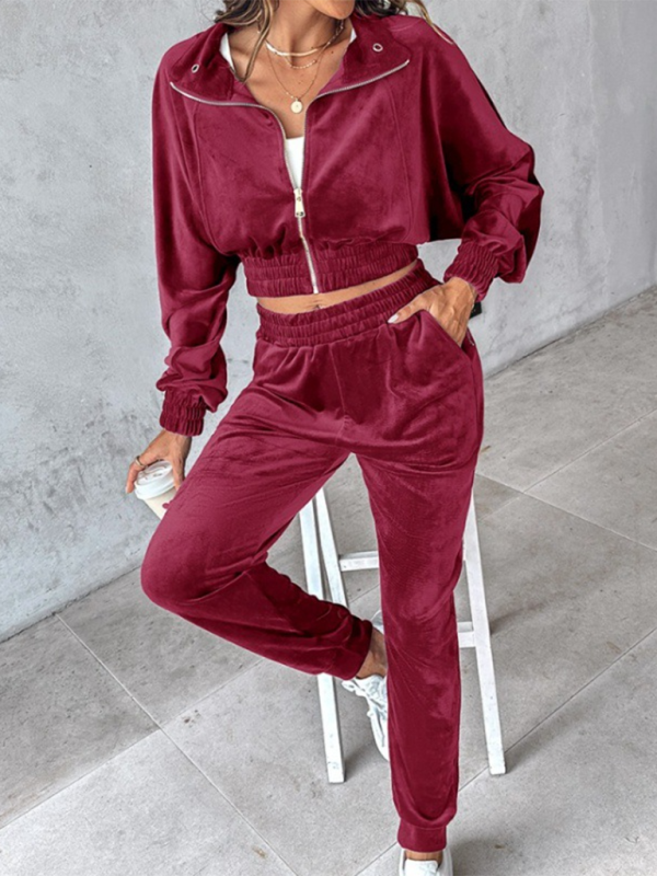 Matching Set Outfits - Comfy Velvet Tracksuit - Velour Jogger Pants & Crop Top