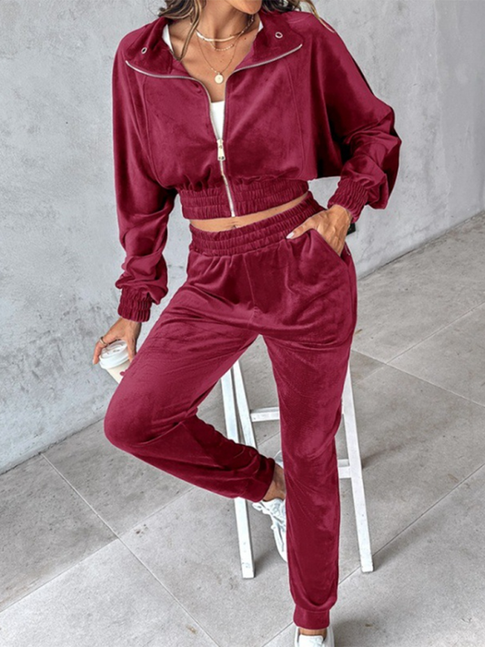 Matching Set Outfits - Comfy Velvet Tracksuit - Velour Jogger Pants & Crop Top